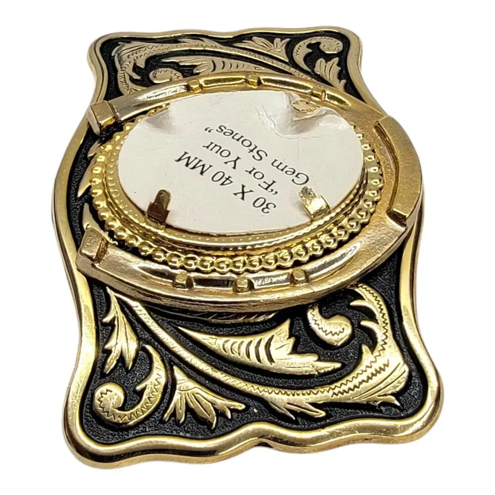 Western Horseshoe Belt Buckle Blank Floral Gold Black For 30x40mm Gemstone